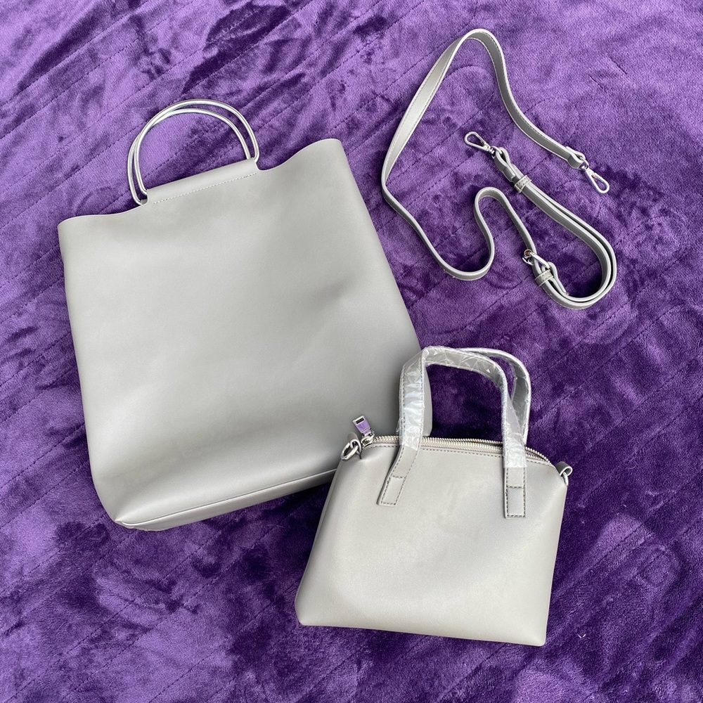 Gray 2-piece Faux Leather matching Tote/Purse Duo (w/shoulder strap)